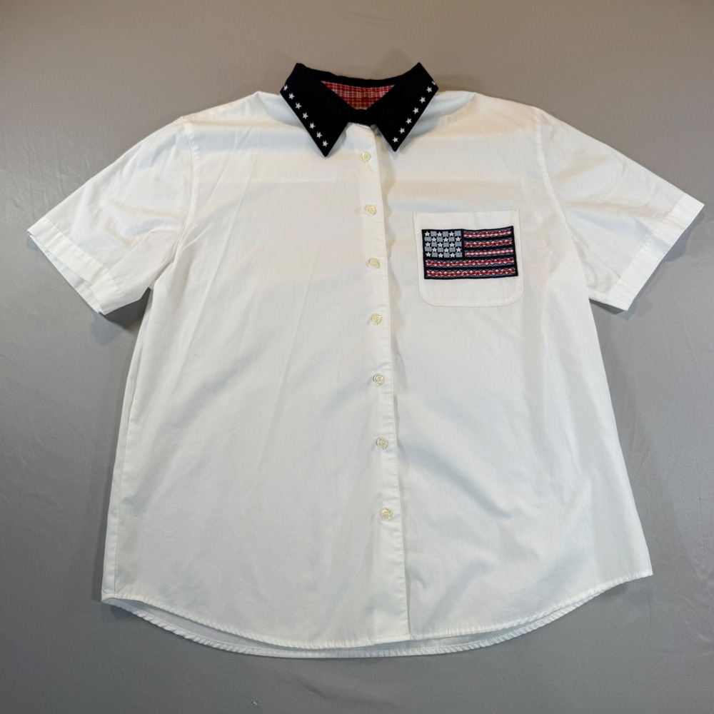 Karen Scott Sport Womens White Patriotic Flag Button Up Medium 4th of July USA